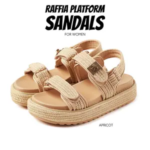Platform Sandals For Womens Open Round Toe Raffia Summer Sandal Metallic Buckle Sticker Strapps Slip On Comfy Party Vacation Casual Work Dressy Gifts Woven Beach Sandal Shoes Spring Dressy Shoes Deals For You Days