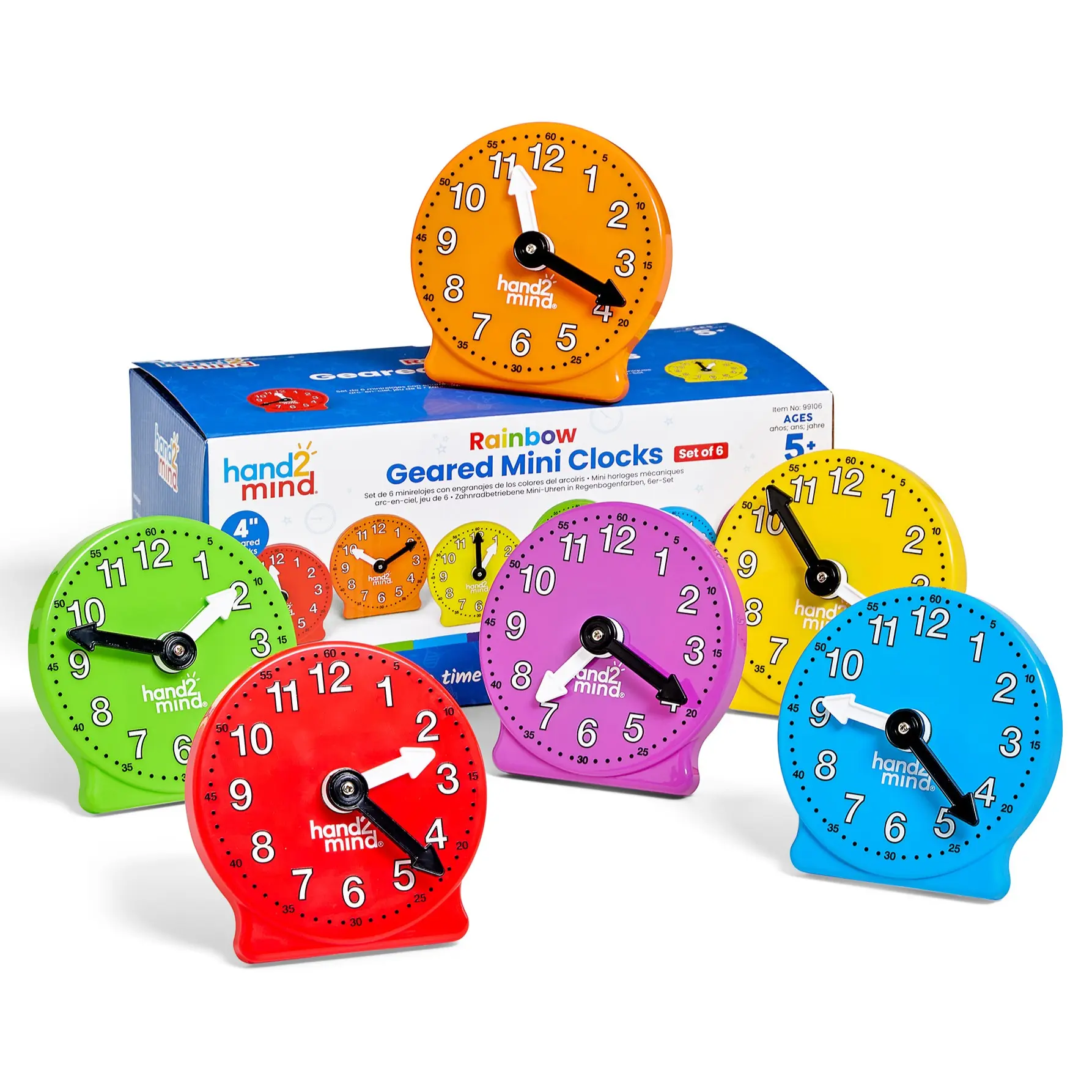 hand2mind Rainbow Geared Mini Learning Clock Set of 6, Analog Teaching Clocks for Kids, Movable Hands, Telling Time Math Manipulatives, Classroom School Homeschool Teaching Toy, Color Coded Gears