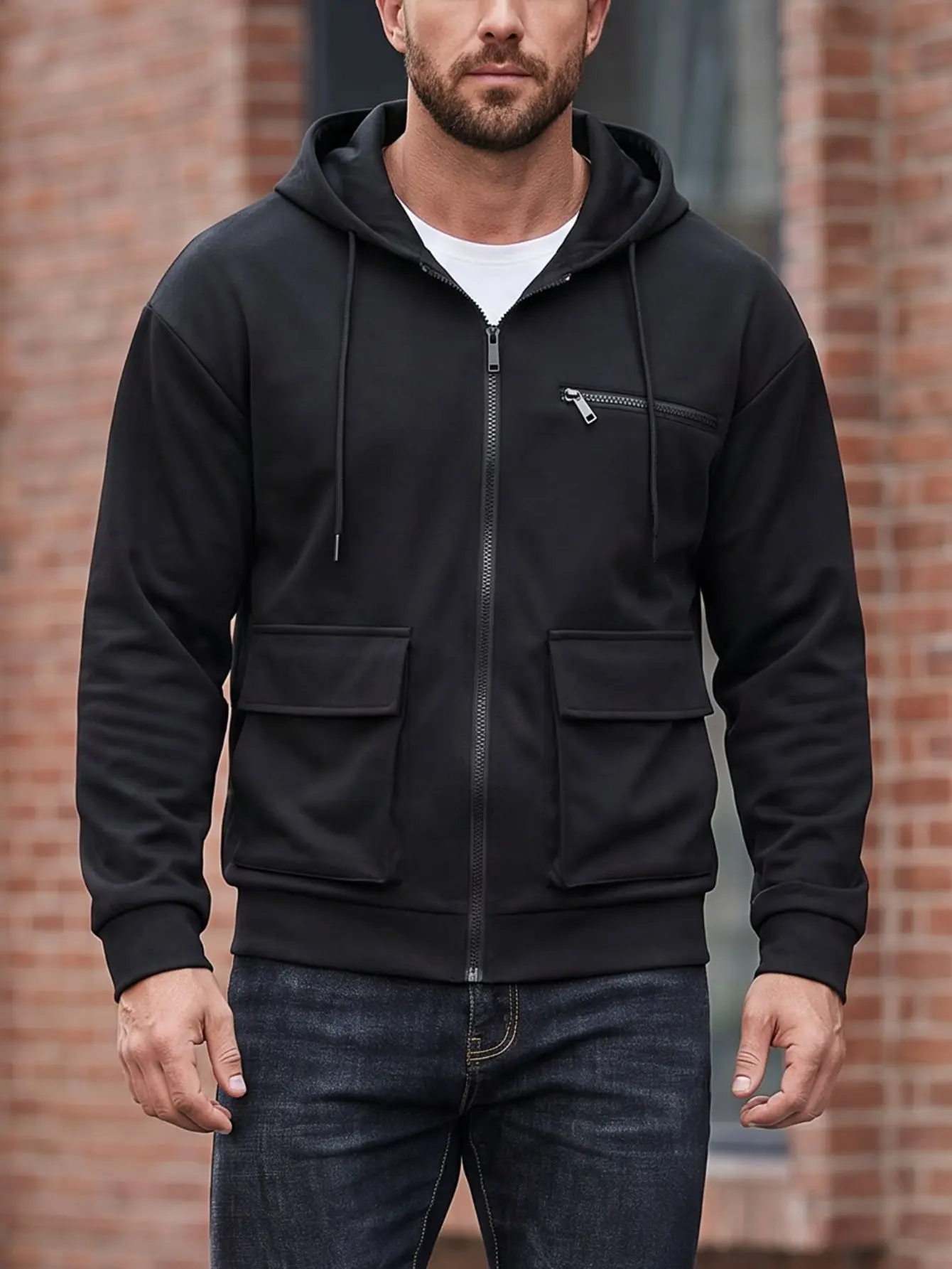 Men's Plain Stylish Fashion Menswear Hooded Cargo Sweatshirt - Full-Zip, Multiple Pockets, Loose Casual Functional Hoodie Outerwear for Everyday Wear, Tops