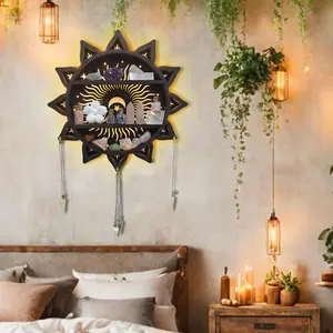 FNYDOX Crystal Shelf Display for Wall Chakra Wooden Lotus Flower Crescent Moon Decorative Home Floating Stone Storage Gem Holder Boho Hanging Organizer Gothic Gift Matte