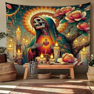 Gothic Skull Saint Durable Decorative Tapestry, Sacred Heart Candlelight Floral Art Wall Decor, Spiritual Home Room Decoration, Mystical 3D Hanging Blanket