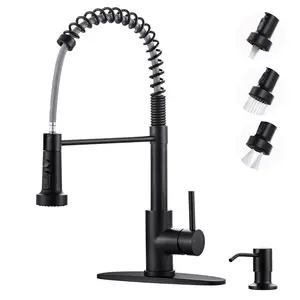 WOWOW Single Handle Pull Down Sprayer Kitchen Faucet with Spring Spout and Soap Dispenser in Stainless Steel Black