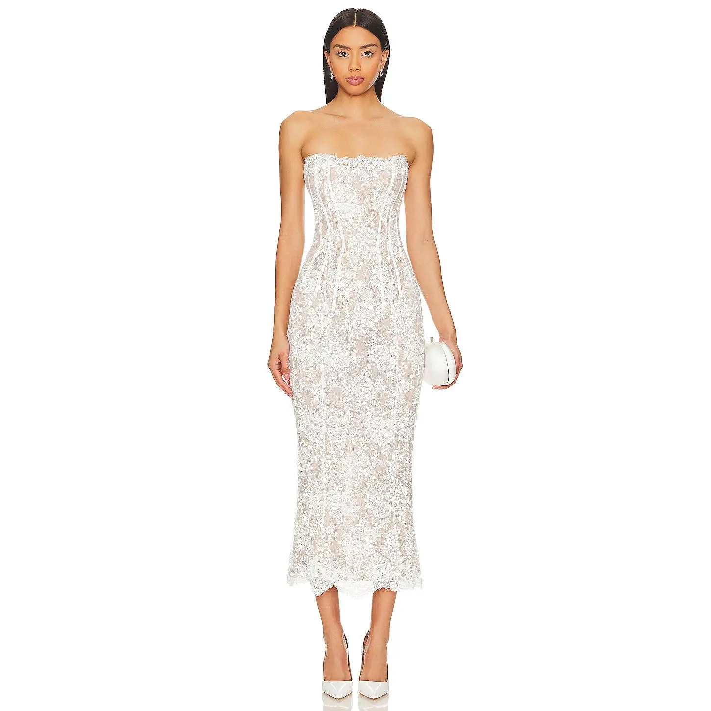 V. Chapman Capulet Midi Dress in White Chantilly Lace