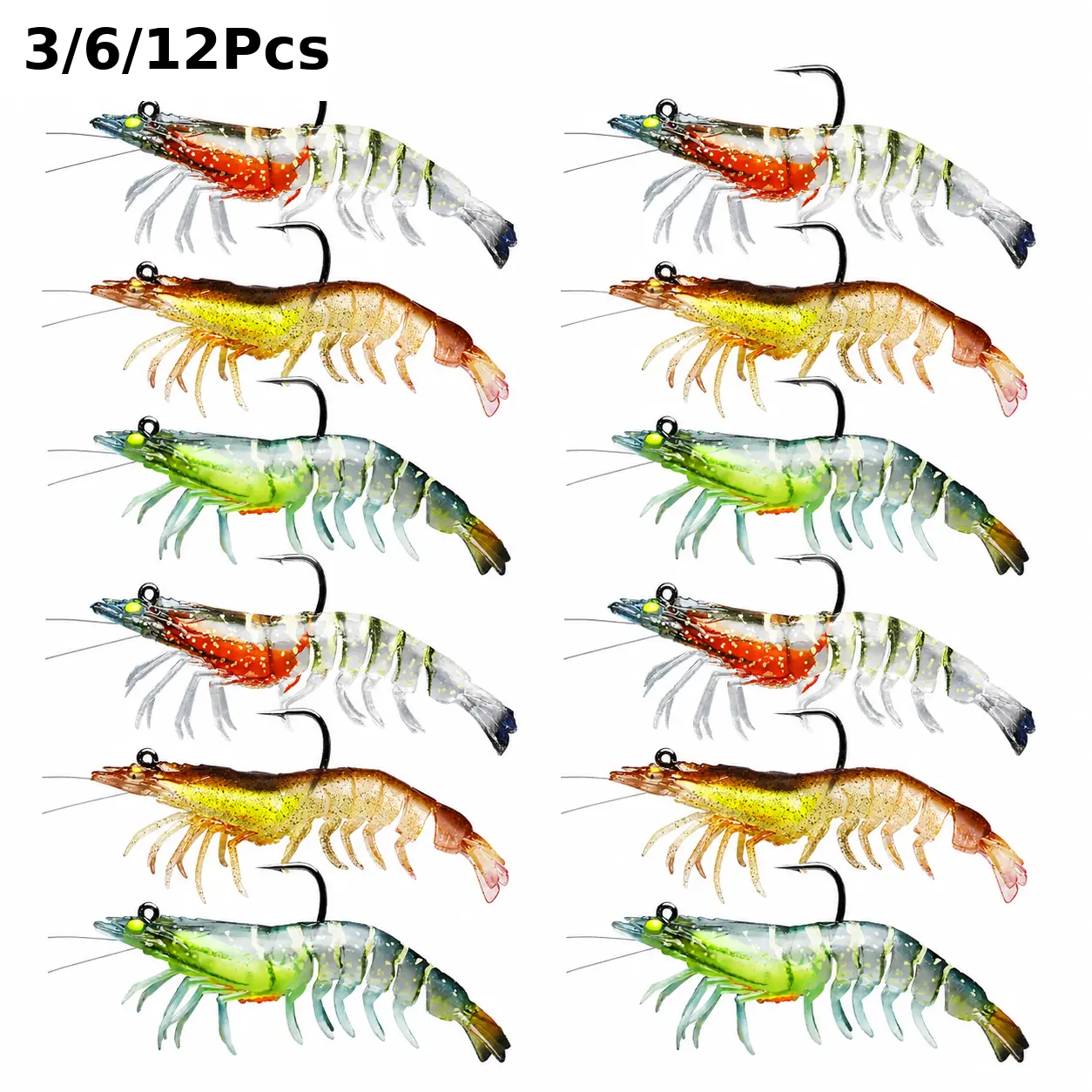 3/6/12PCS Pre-Rigged Fishing Lures Shrimps Lure Soft TPE Bait 9cm 12g Lifelike Shrimp for Freshwater Saltwater Luminous Tackle