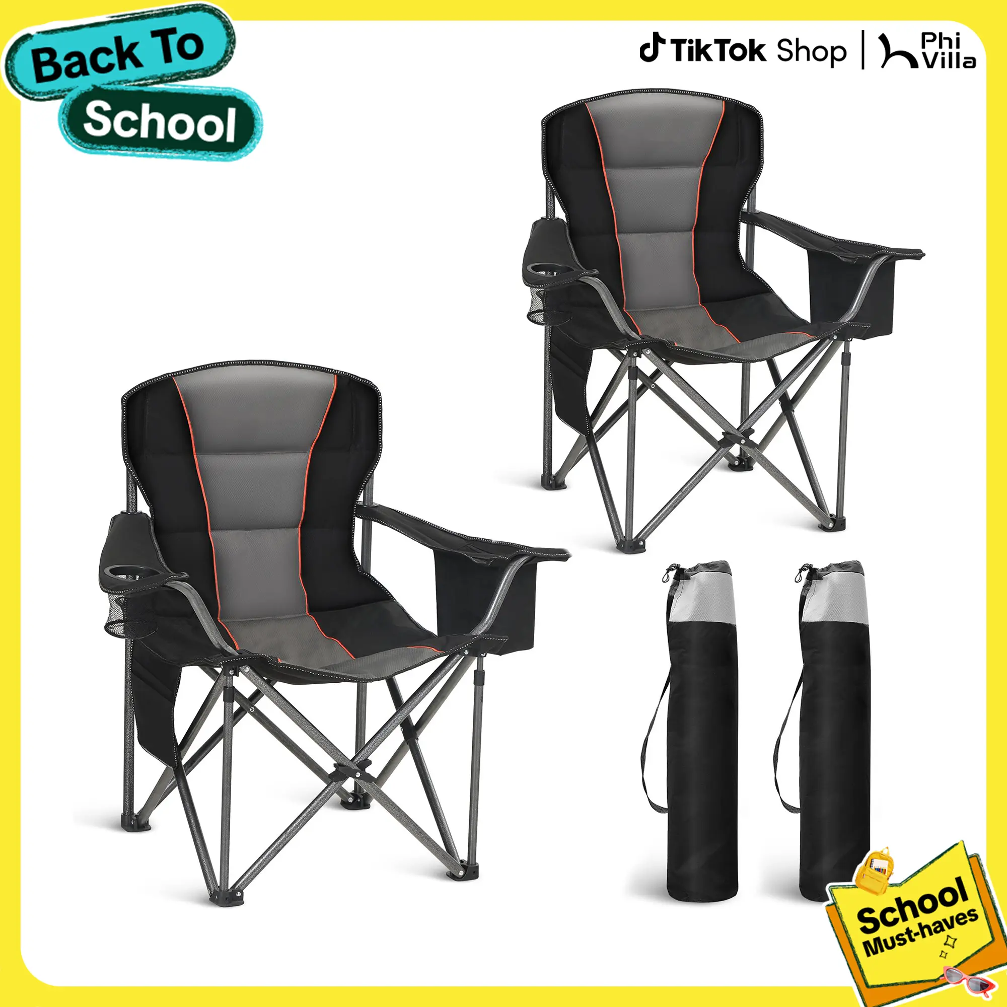 DealsForYouDays PHIVILLA Oversized Camping Folding Chair, Heavy Duty Support 450 LBS Steel Frame Collapsible Padded Arm Chair with Cup Holder Quad Lumbar Back, Portable for Outdoor
