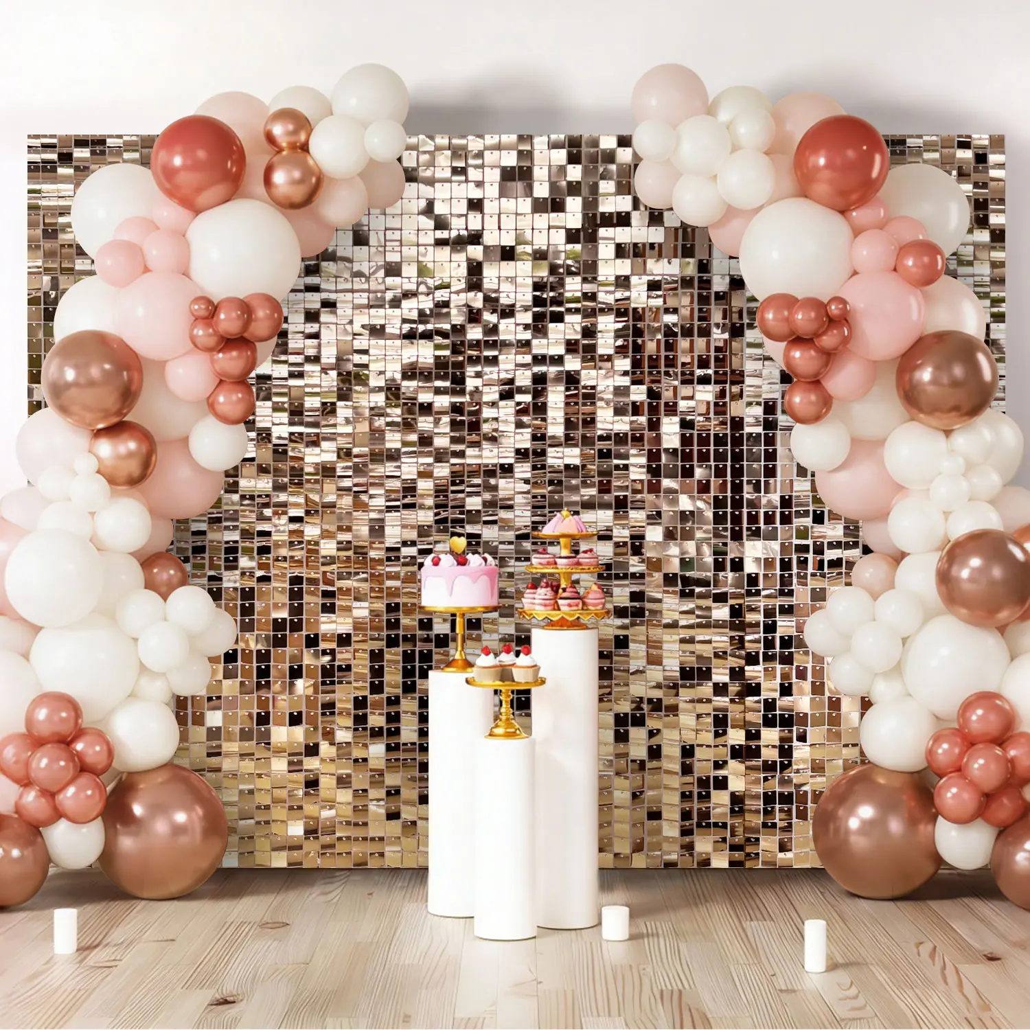 Rose Gold Shimmer Wall Background 24/30/36/49 Square Sequin Backdrop for Valentine's Day New Year Party Decorations Birthday Anniversary Wedding Engagement Decor