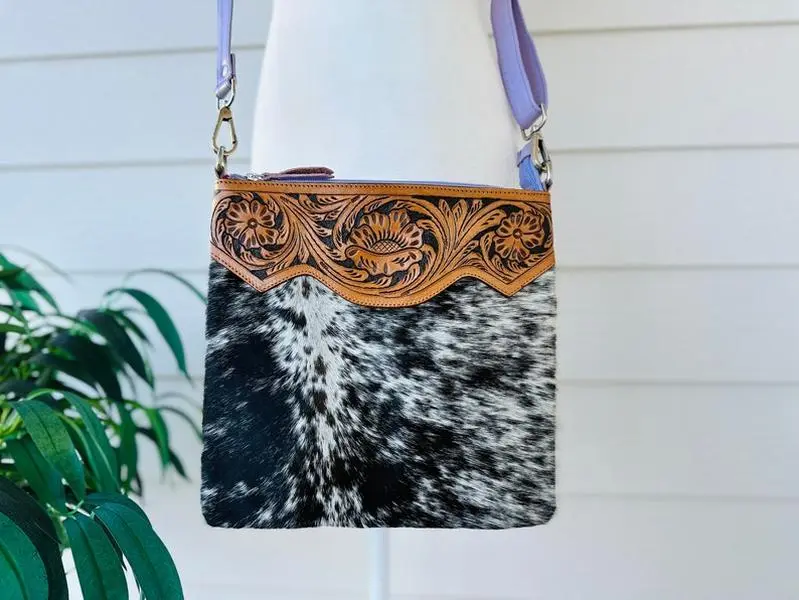 Cowhide Crossbody Purse Tooled Leather Clutch Messenger Bag Western Handbag Brown Lavender Real Cow Print | Gifts for Her