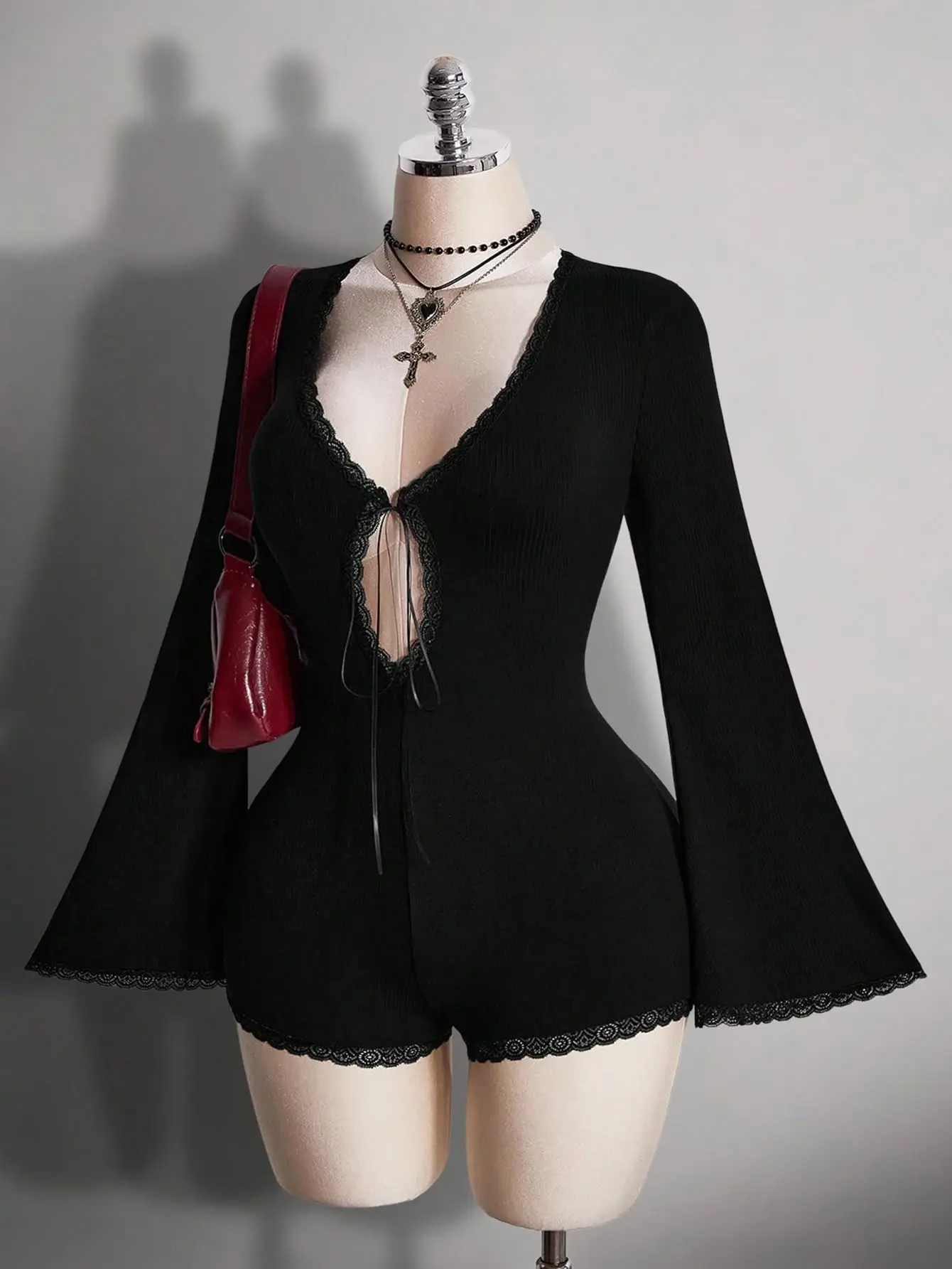 MOM Plus Size Women's Autumn Black Goth Night Out Club Y2K Front Hollow-Out Lace Patchwork Flared Long Sleeve Knit Ribbed Slim Fit Jumpsuit