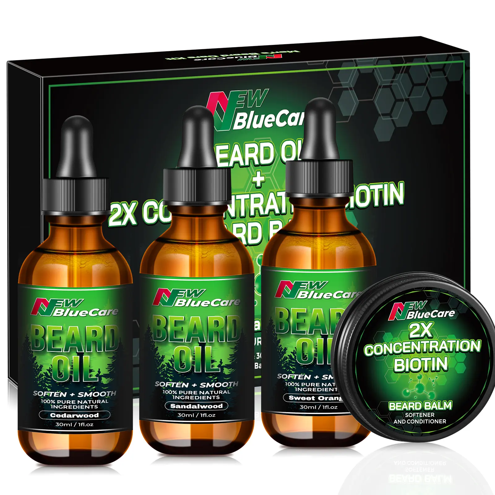 Beard Oil and Beard Balm Set to Strengthen, Soften and Style - Natural Argan Oil, Jojoba Oil and Shea Butter - 3 Scented Beard Oils and 1 Biotin Beard Balm - Sandalwood/Cedarwood Beard Care