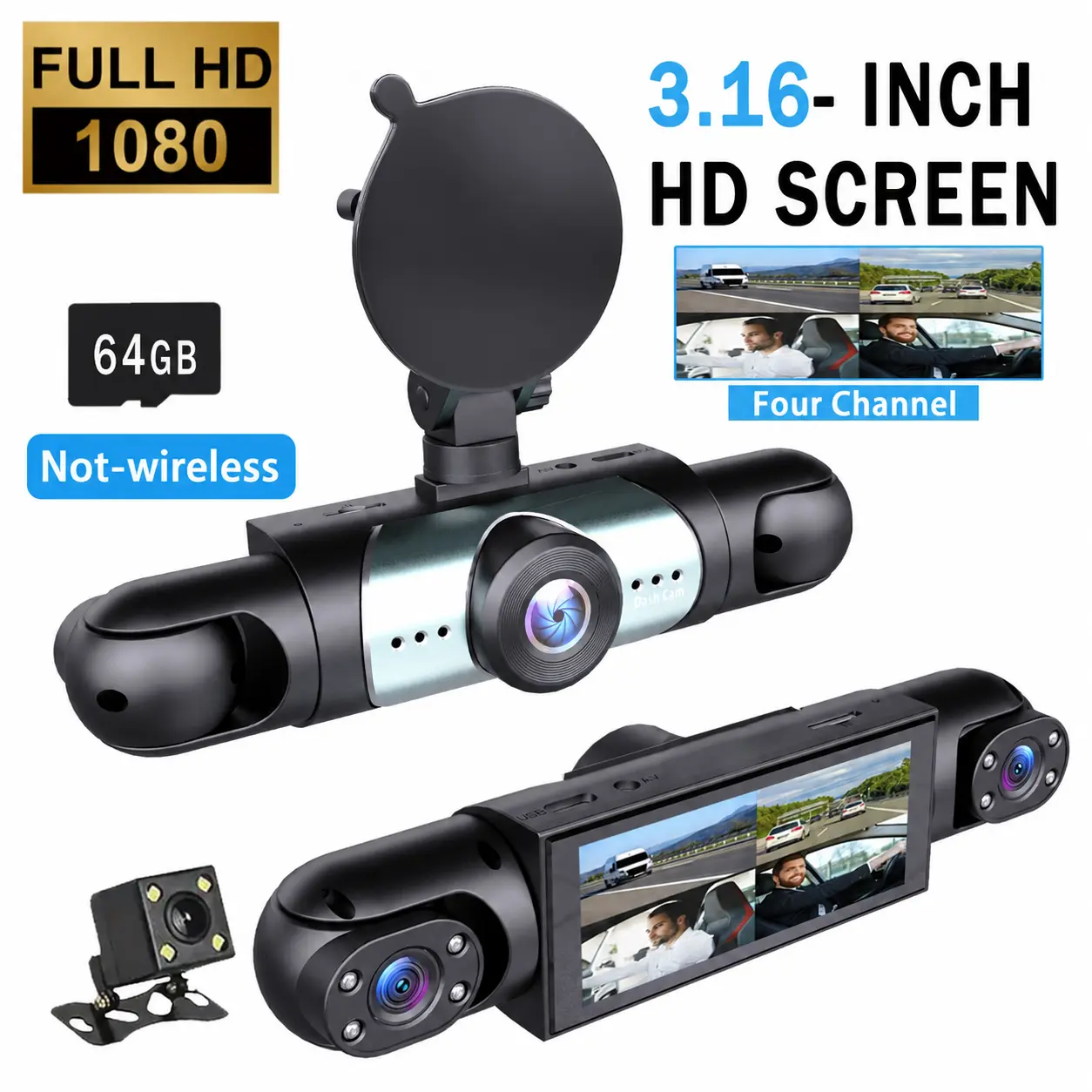 【Not wireless】BCUOZ-4 Channel  Car Dash Cam ,1080P Front+720P Rear Left Right Dashcam， with 64GB Memory Card,Car DVR Hd Screen