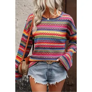 Womens Rainbow Holiday Sweater Colorful Knit Long Sleeve Round Neck Wave Stripe Pullover Christmas New Year Cozy Winter Top