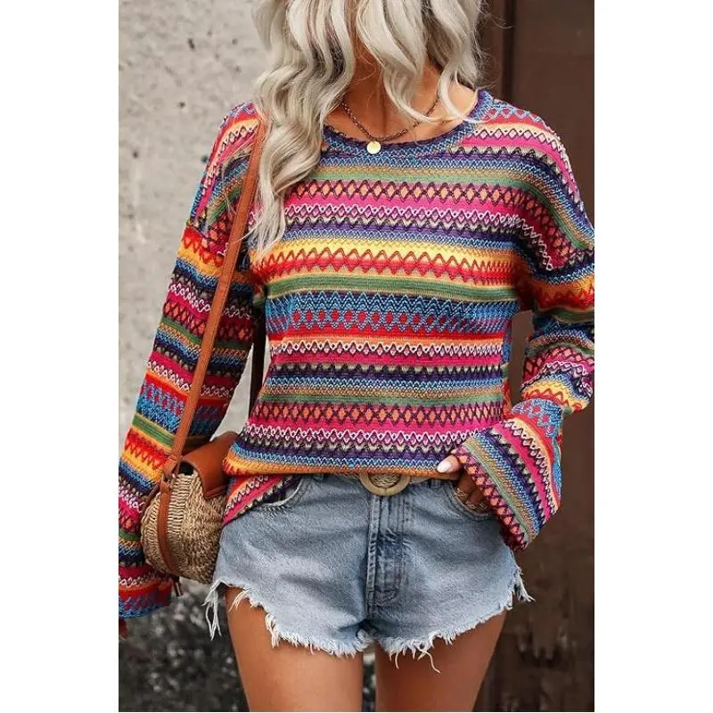 Lady's Rainbow Wave Stripe Longsleeves Pullover Sweater - Casual Stretchy Polyester Fabric Essential Top, Lightweight Holiday Knitwear, Everyday, Valentines Day, Outfits, Rainbow Stripe, Soft, Casual Ootd, Relaxed Fit, Round Neck, Wave Pattern, Sweaters,,