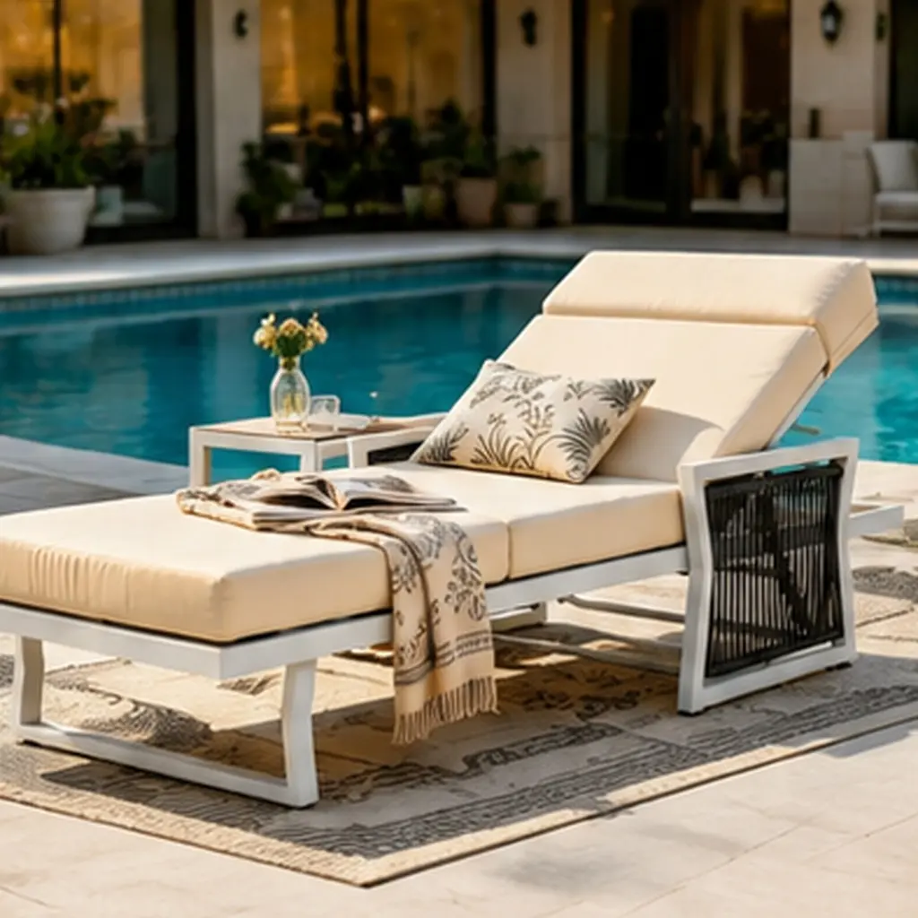 White Iron Outdoor Chaise Lounge with Black Rope Armrests, 4" Thick 4-Fold Beige Water Resistant Cushion with Built-In Headrest, 5-Position Adjustable, 400 LBS Capacity for Patio Pool Backyard, Beige/Black/White Color Options