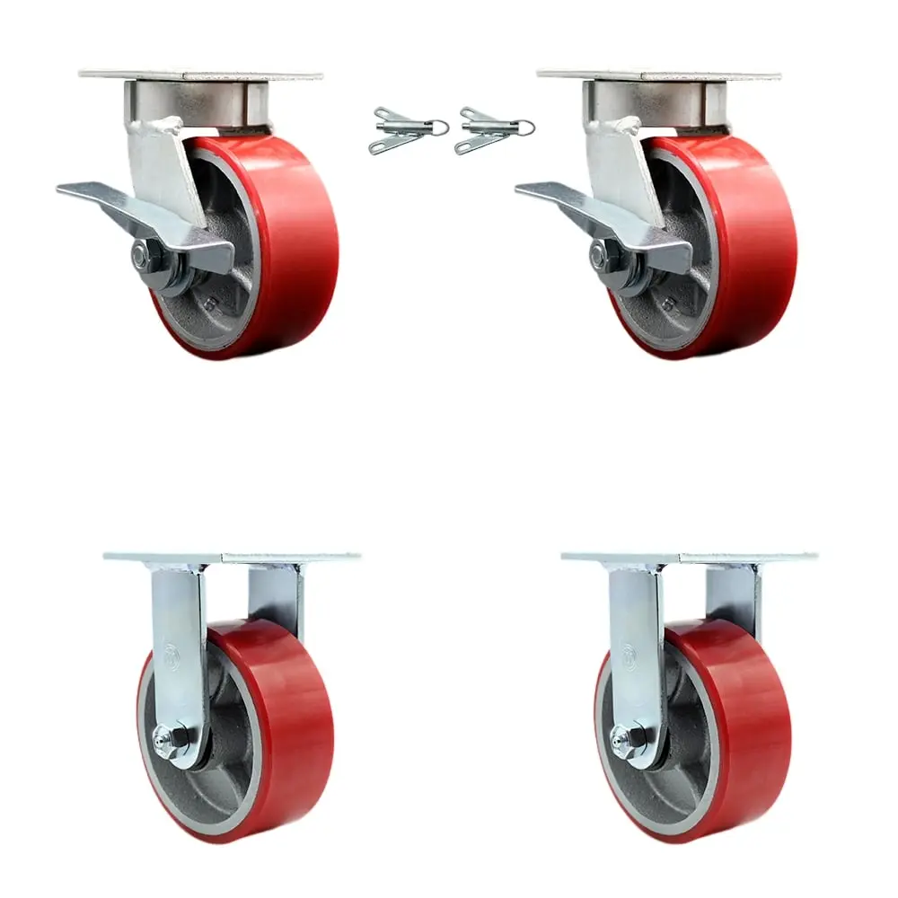 Service Caster SCC-KP30S520-PUB-RS-BSL-2-R-2 Heavy-Duty Kingpinless Ball-Shaped Forged Metal Castors (Set of 4), 5 in. Polyurethane-on-Cast Iron Red Wheels, 4000 lbs Capacity, 7.5" H x 12" W x 12" L, Non-Marring Rigid for Carts, Concrete/Tile Surfaces