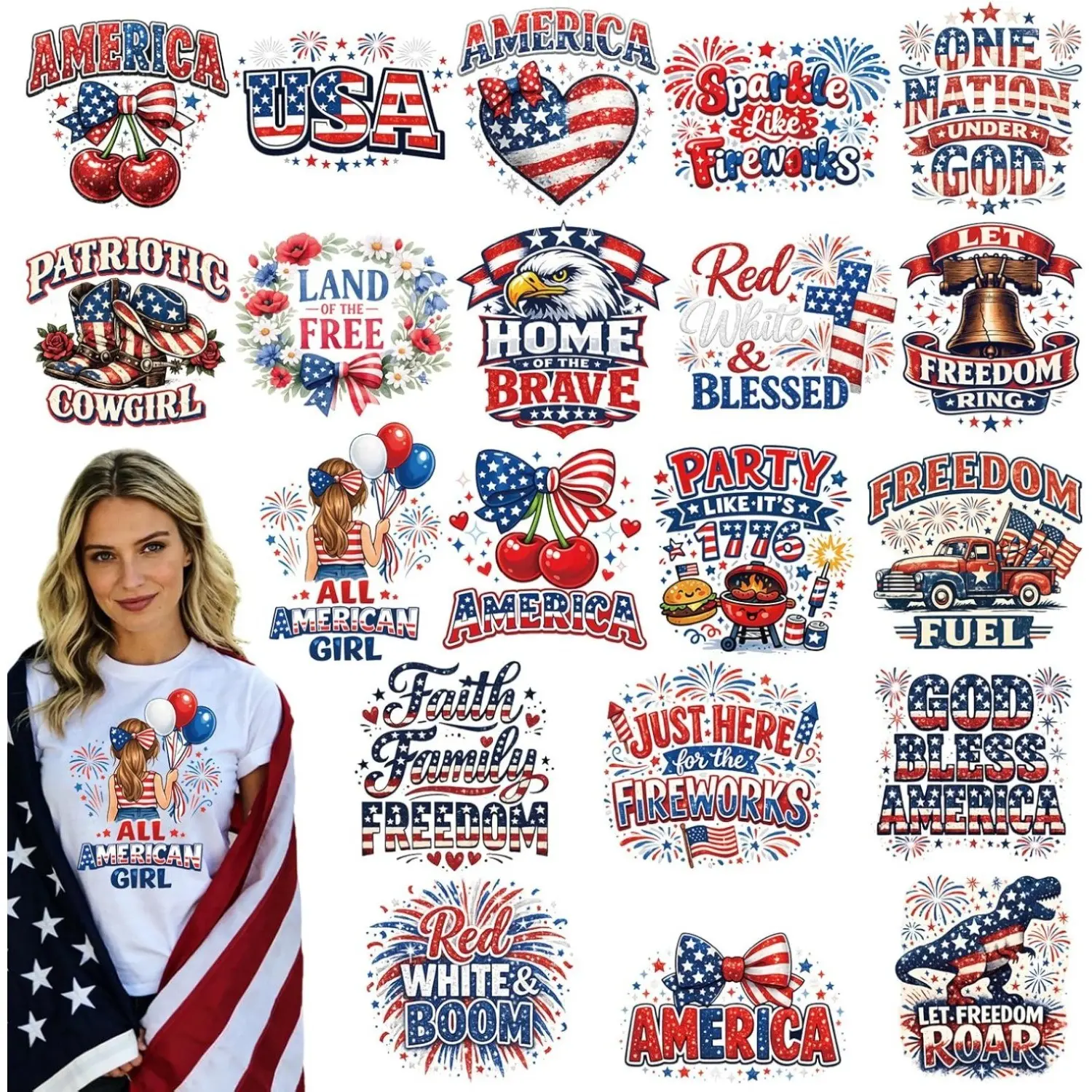 250Th Anniversary Iron on Transfers - 20 Sheets 4Th of July America Patriotic DTF Ready to Press Heat Patches Independence Day USA Flag Sticker Vinyl Decal for T Shirts Clothes Bag Craft