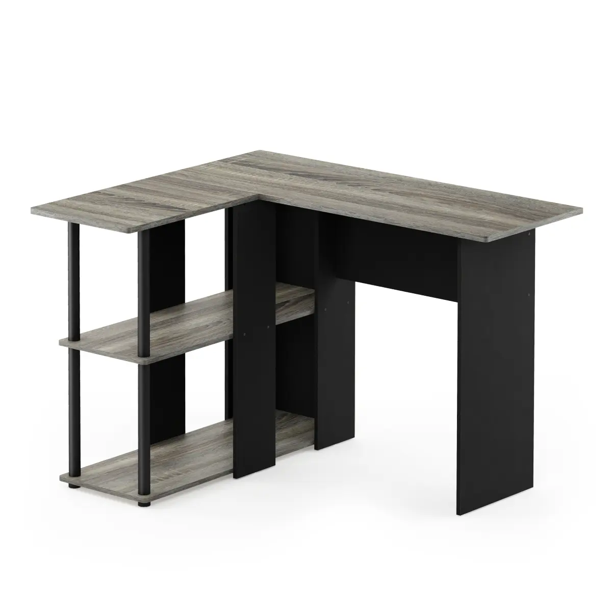 Furinno 17092GYW-BK Abbott Contemporary L-Shape Office Desk - French Oak Grey & Black MDF, Attached Bookshelf, Space-Saving, Exquisite Workmanship, Easy Setup, Assembly Required, Wipe-Clean Surface, Apartment Office Furniture