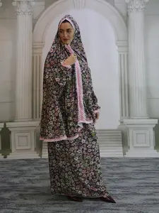 2026 New Middle Eastern Muslim Women's Hooded Comfortable Breathable Modest Prayer Dress, Fashion Print Long Robe Set, Loose-Fit Casual All Seasons