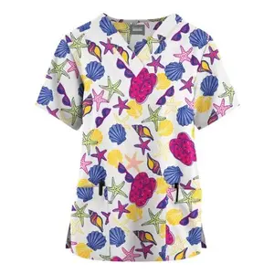 Starfish & Seashell Print Scrub Top | Colorful Nursing Uniform for Nurses & Caregivers