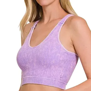 Ribbed Cropped Mineral Washed V Neck Padded Bralette