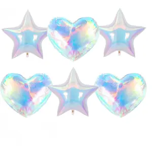 6Pcs Iridescent Heart Star Balloons for Christmas/Clear Foil Transparent Rainbow Balloons/Multicolor Star Heart Gorgeous Balloon/Under The Sea Party Balloons/Balloons Cannot Float Using Helium