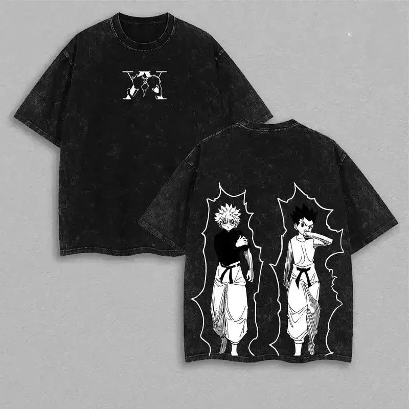 Men's Round Neck Short-Sleeve Washed Cotton T-Shirt - Casual Distressed Anime Hunter X Hunter Gon Killua Graphic Top, Retro Harajuku Festive Menswear