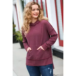 A New Day Burgundy Mineral Wash Rib Knit Hoodie