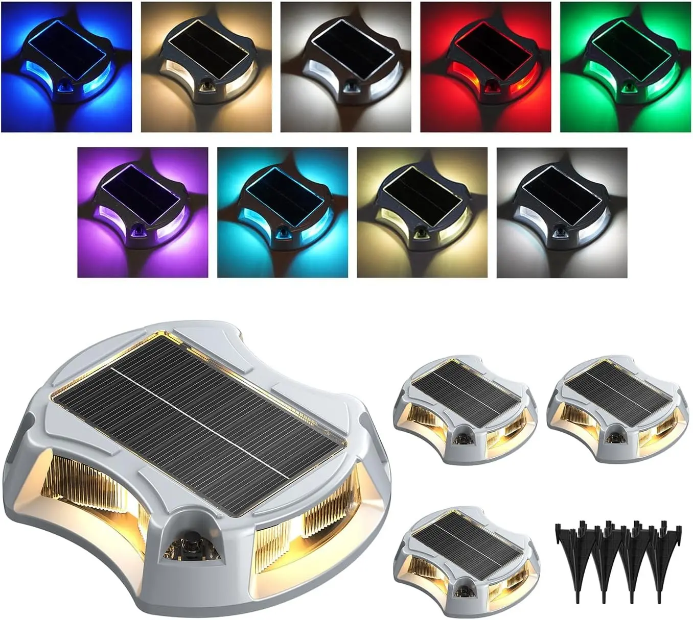 4Pack Solar Driveway Lights Aluminum Alloy Solar Deck Light IP68 Outdoor Waterproof Marine Dock Lights Multi-Color LED Driveway Markers for Driveway Sidewalk Pathway[RGB/Fix-Color/Strobe]