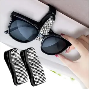 Set of 2 Bling Rhinestone Car Sun Visor Glasses Holders with Anti-Scratch Sponge, Car Decoration for Women Girls, Ticket Card Clip Visor Organizer, Universal Rhinestone Auto Accessories (Silver-2pcs)