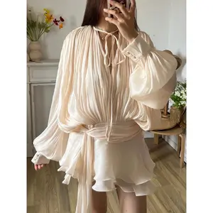 Solid Blouse Mini Dresses For Women V Neck Long Sleeve Spliced Lace Up Sweet Style Dress Female Clothing Fashion