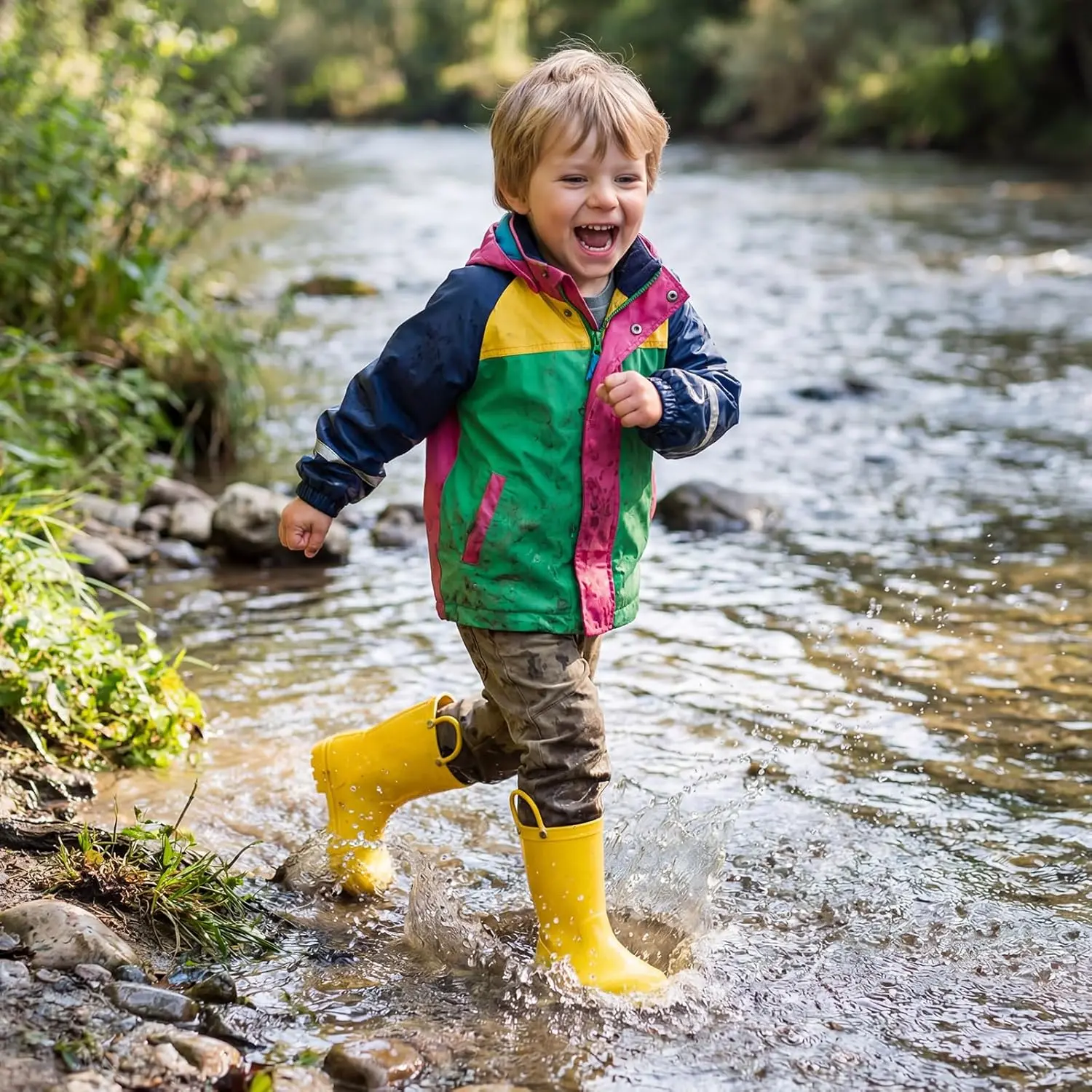 Unisex Children's Outdoor Wear Rain Boots, Waterproof Rubber Toddler/Little Kid/Big Kid Shoes with Easy-On Handles, Seamless PVC Anti-Slip Mud Boots (Solid Colors & Sparkly Glitter Gradient Styles)
