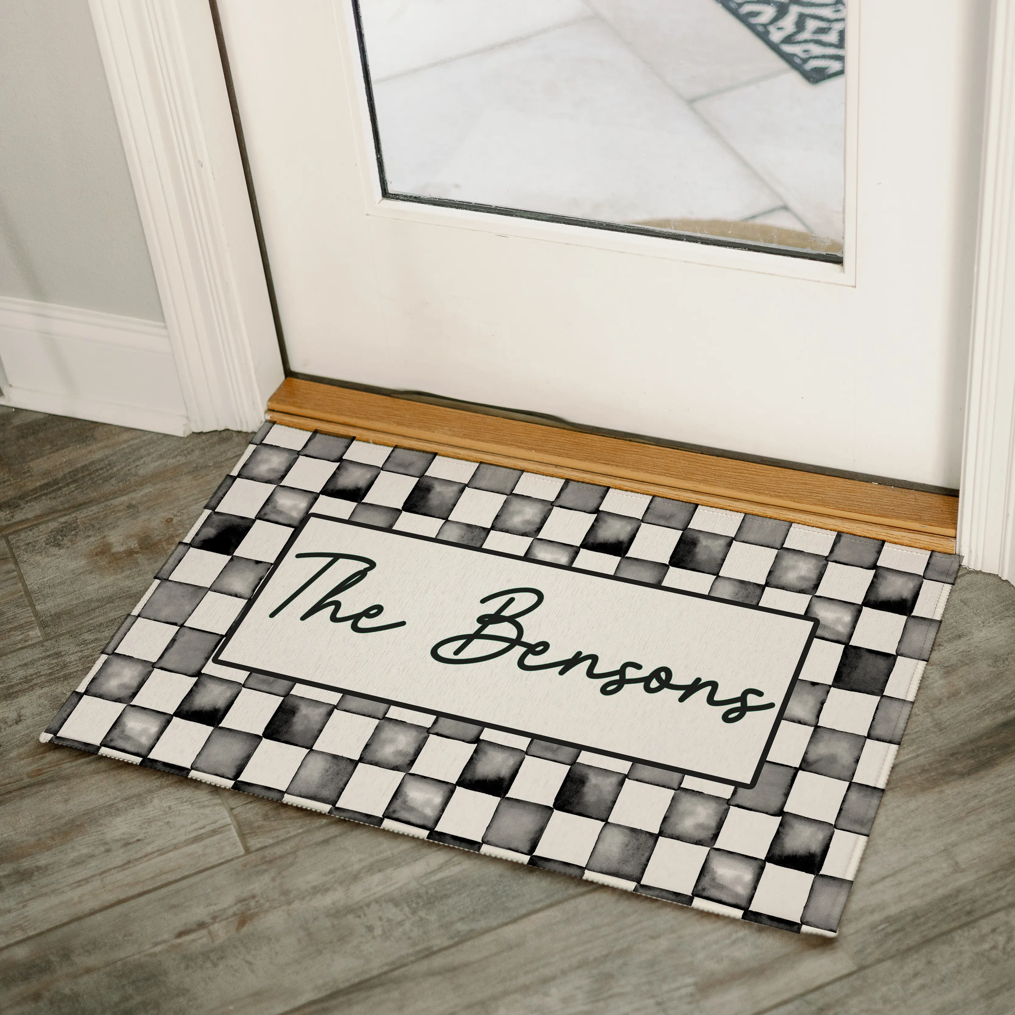 Personalized Watercolor checkered print Door Mat Custom Family Name kitchen Rug Home Decor Gift Christmas housewarming Gift Welcome Mat