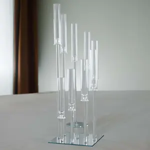9-Arm Crystal Glass Cluster Candelabra Pedestal Stand 4ft - Square Hurricane Taper Candle Holder Table Centerpiece