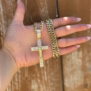 Jesucristo Cross with Crystals Miami Cuban Link Necklace