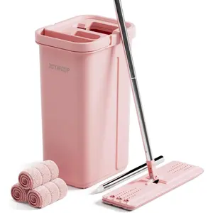 Pink Mop and with Wringer Set for Home, with 3 Reusable Microfiber Mop Pads, Hands-Free Self-System, Suitable for and Wall Cleaner
