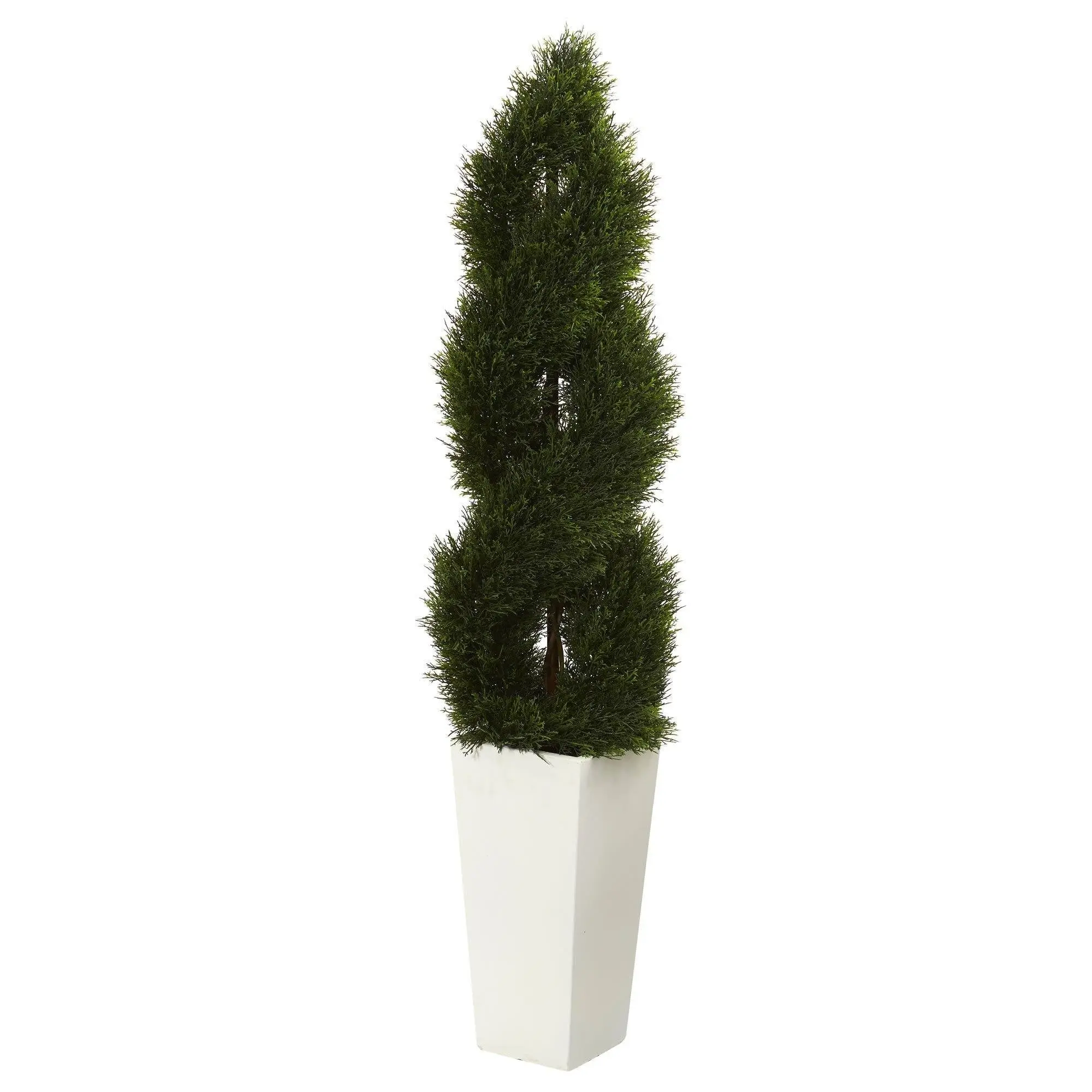5.5ft Tall Double Spiral Cypress Topiary Artificial Plant - Plush Foliage Synthetic Lifelike Greenery, Indoor/Outdoor Home Decor with White Planter (Artificial Plants Category), Decorative