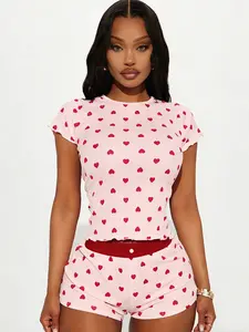 Valentine's Day Heart Print Colorblock Basic Fitted Short Sleeve Shorts Set, Womenswear, Casual Home Wear, Above the Knee, Sporty Style