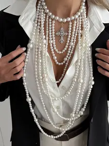 Multi-Layer Long Cross Pendant Pearl Necklace, French Vintage Luxury Style, Elegant Beaded Necklace, Graduated Beads, Daily Commute Accessory