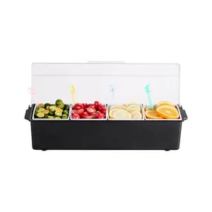 fathersdaygift VEVOR Chilled Condiment Server, 4 Compartment Ice Cooled Condiment Serving Container, Chilled Garnish Tray Bar Caddy with Lid, for Bartending Serving Taco, Salad, Fruit, Home Restaurant Supplies