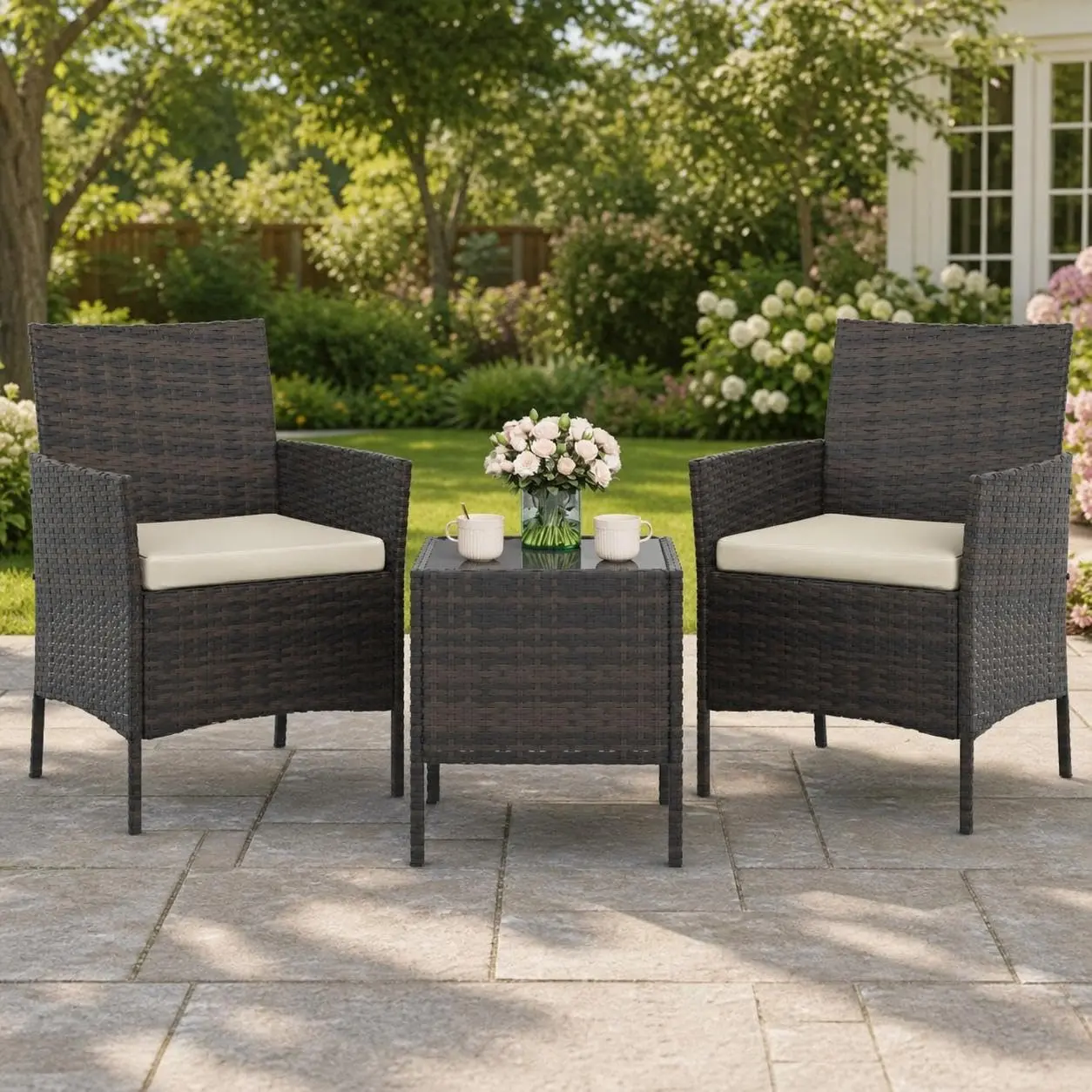Garvee Outdoor Patio Bistro 3 Piece Set – PE Rattan Wicker Conversation Furniture, 2 Chairs & Coffee Table – All-Weather, Space-Saving Patio Set for Porch, Balcony, Garden, Backyard