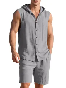 Men's Summer Linen Sleeveless Set, Hooded Design, Loose Shorts, Breathable Skin-Friendly Material, Casual Beach Vacation
