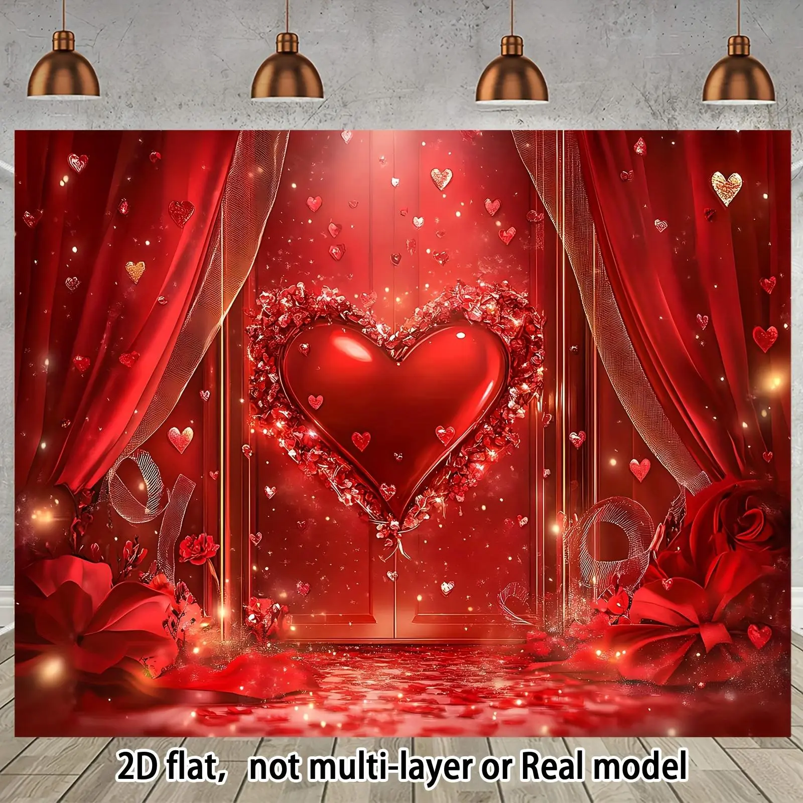 Extra Large 2D Flat Love Theme Backdrop Banner - Romantic Red Heart & Rose Design with Sparkling Lights, Polyester Curtains, Photo Studio Prop, Ornaments, Wedding Party Wall Decor Supplies