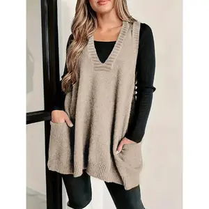 Women’s plain pocket V-neck sweater vest, sleeveless vests, casual sleeveless knit pullover for daily wear, ladies’ knitwear for all seasons