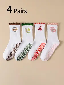 4 Pairs Women's Sports Socks, Cute Cartoon Embroidered Ankle Socks, Non-Slip Silicone Pilates Yoga Socks, Breathable Indoor Dance Socks