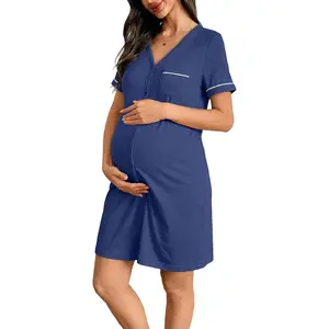 Women’s Labor and Delivery Night Gown for Maternity Short Sleeve V Neck Open Front Shirt Dress with Buttons