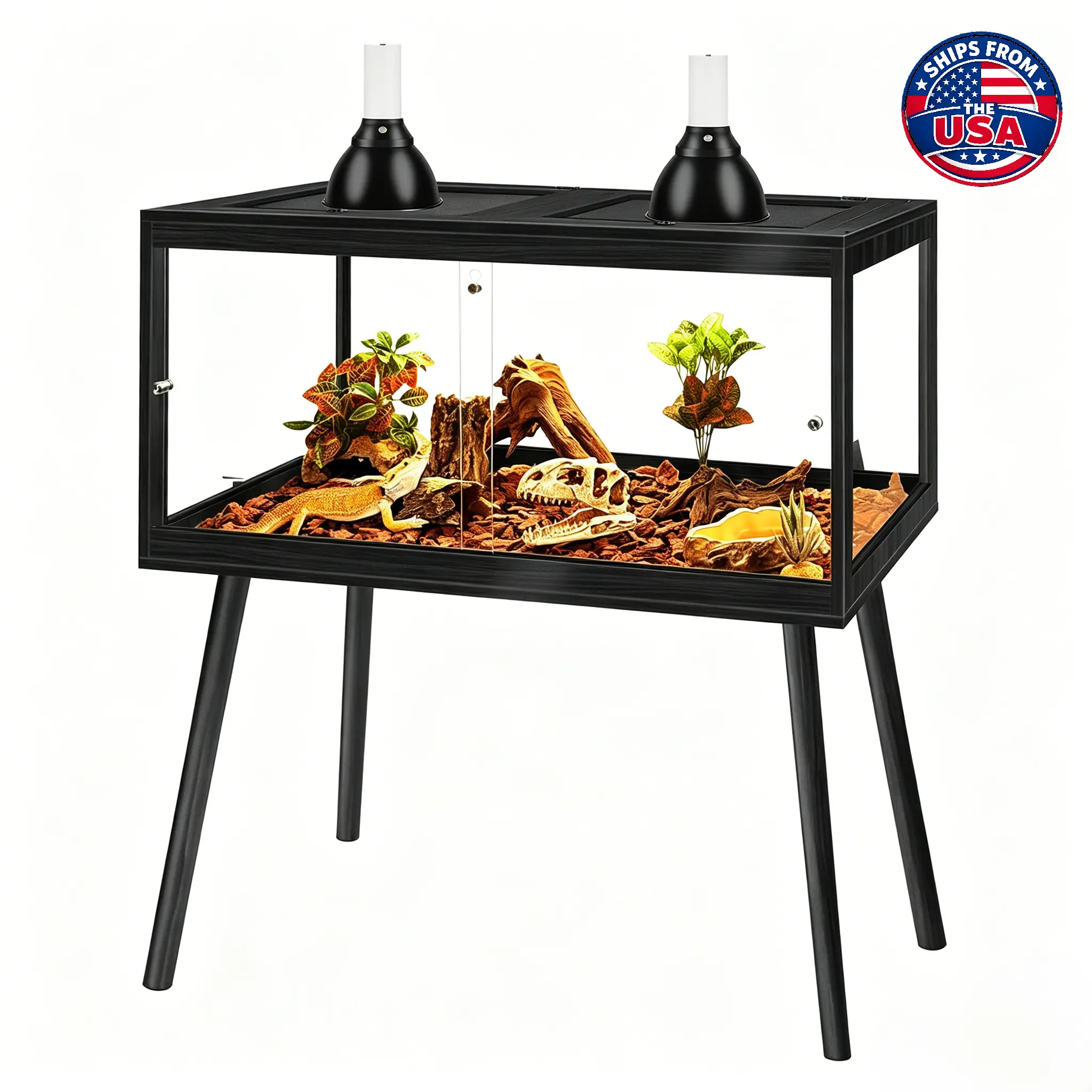 PROLEE 34 Gal Large Rectangle Wood Reptile Enclosure with Legs, Bearded Dragon Terrarium with 4-Sided Tempered Glass, Lockable Double Sliding Glass Front Doors, Metal Mesh Top for Ventilation, Ample Room for Exploration & Daily Activity, Easy Cleaning, Be