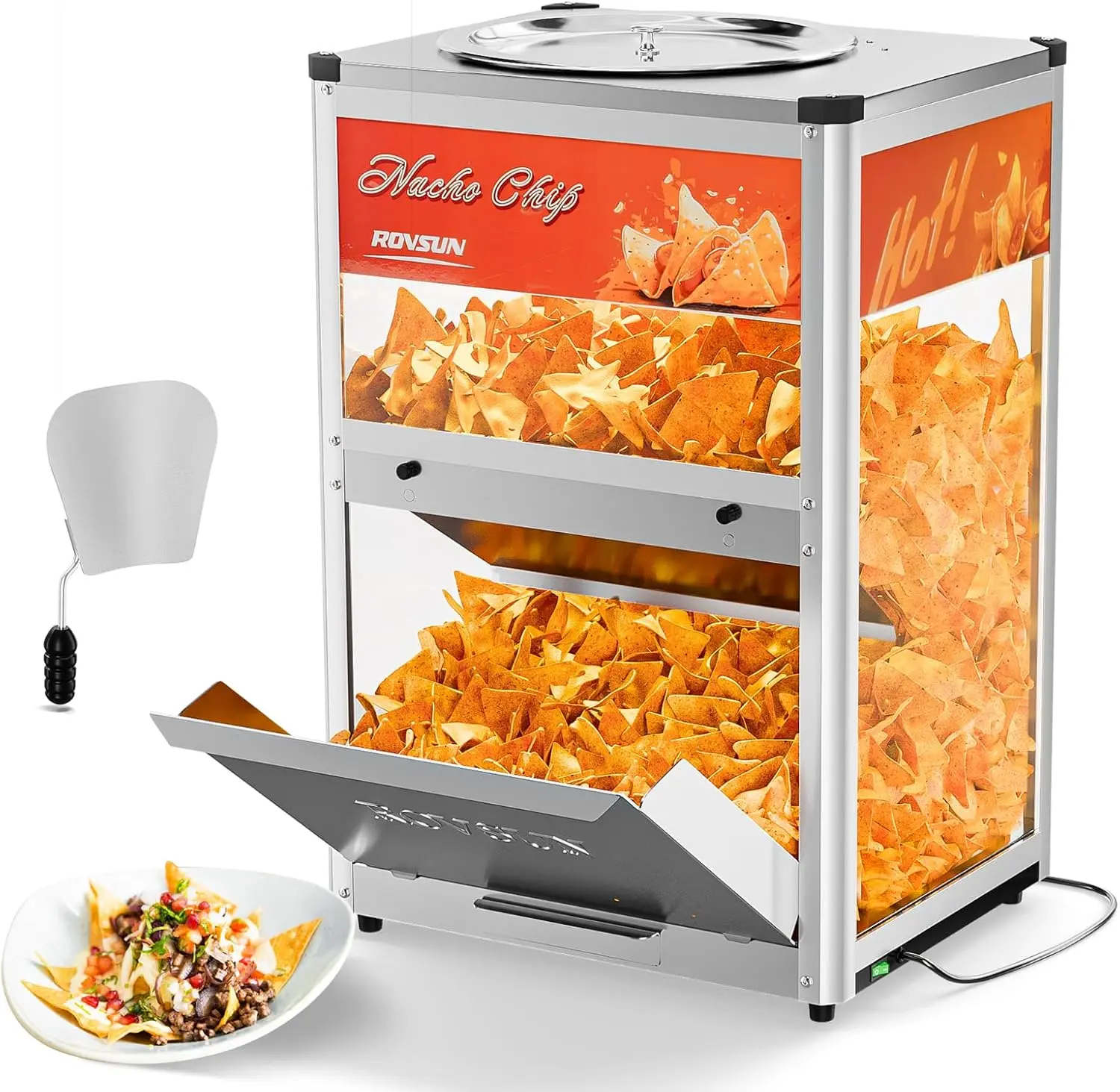 ROVSUN Kitchen Corded Thermal Nacho Chip Warmer Machine, 160W Countertop Food Display Case with Tempered Glass Door, Warming Light, Scoop, Detachable Deflection Plate, Removable Trays, 1-Button Operation, Stainless Steel, 149°F Hold for Chips, Peanuts,tec