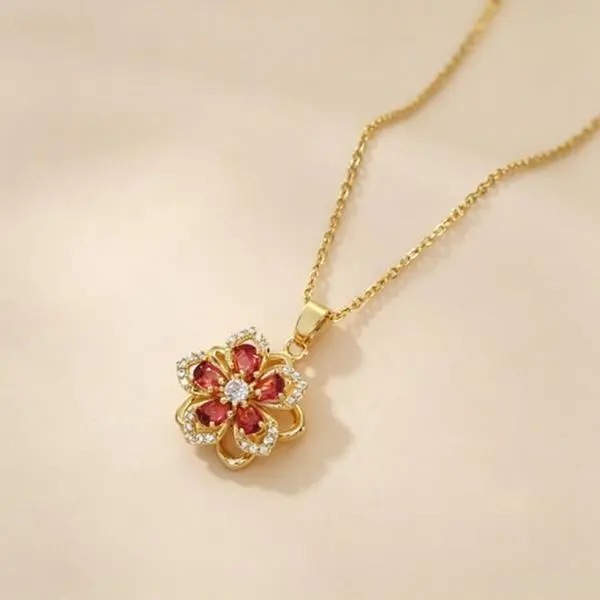 360-Degree Rotating Unisex Fashion Necklace - Gold-Plated Red Zircon Blossom Pendant Zirconia Jewelry, Adjustable Stainless Steel Fidget Jewelry for Anxiety Relief, Graduation Gift for Daily Use