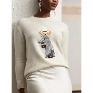Round neck cartoon bear casual loose ruff cashmere knit sweater for women