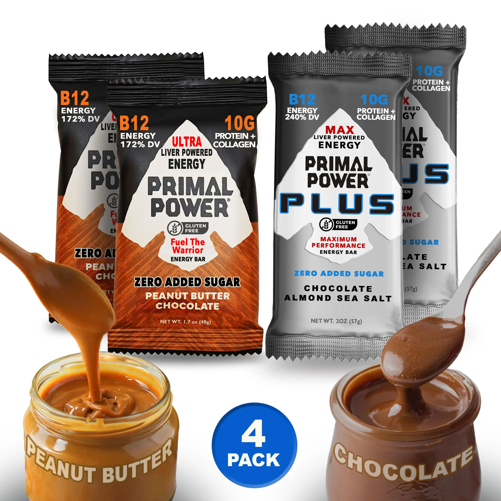 Primal Power Liver Nutrition Bar Variety Pack - 4 Bars: 2 Peanut Butter & 2 Chocolate Almond Sea Salt, 10g Protein, Grass-Fed Liver, Collagen, B12 Energy, No Added Sugar - Snack