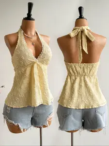 Women's Fashion Womenswear Elegance Comfortable Casual Lace Patchwork Adjustable Tie-Back Design Sleeveless Halter Vest, Stylish Backless Fit Top for Daily Wear